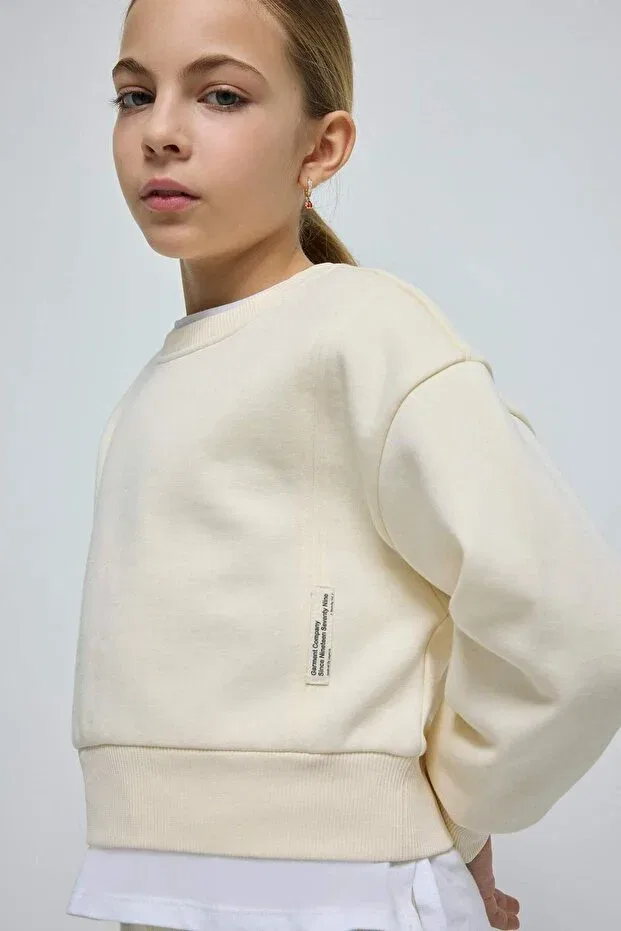 Детские свитшот для девочек хлопковый Relax fit crew neck basic plain soft fleece Defacto, Beige Bg390 — фото 3