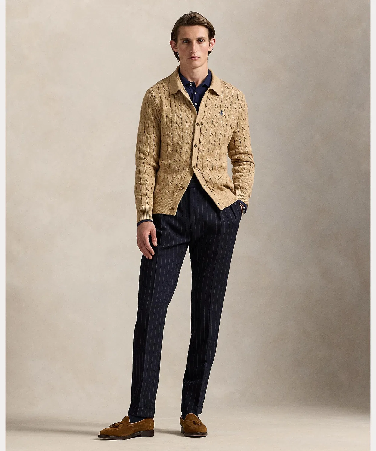 Мужской кардиган из хлопка с длинным рукавомCable Knit Cotton POLO RALPH LAUREN, Коричневый — фото 3