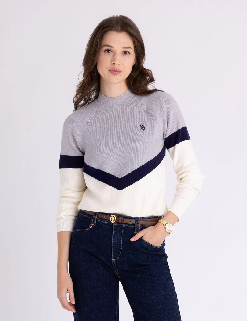 

Свитер U.S. Polo Assn Mock Neck Colorblock Chevron, бежевый/светло-серый