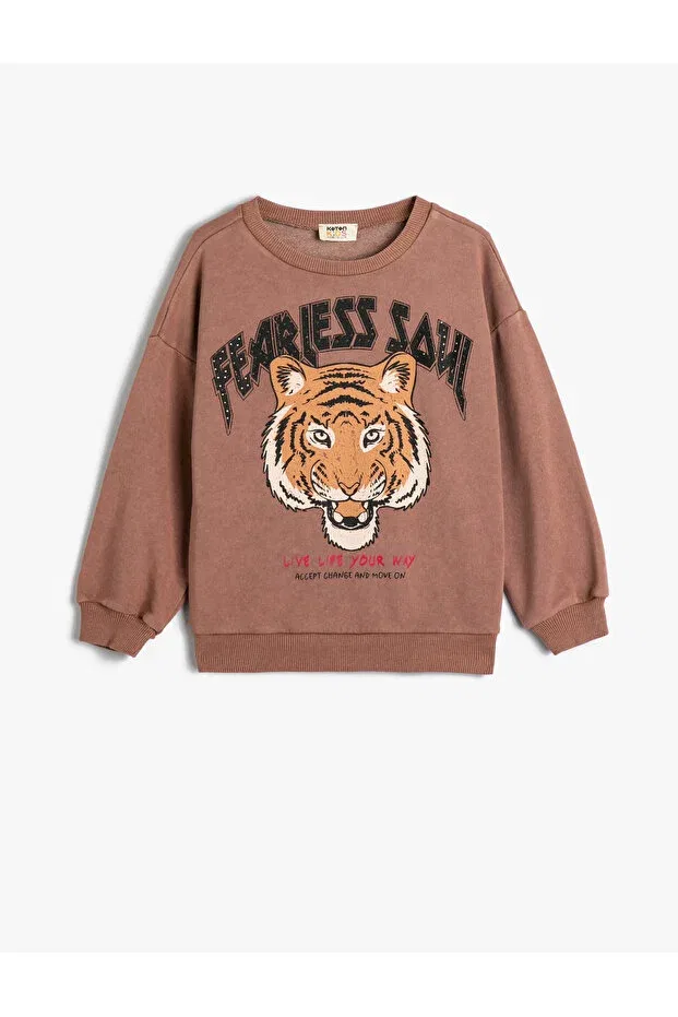 Детские свитшот для девочек с принтом Tiger Long Sleeve Crew Neck Raised Koton, Brown