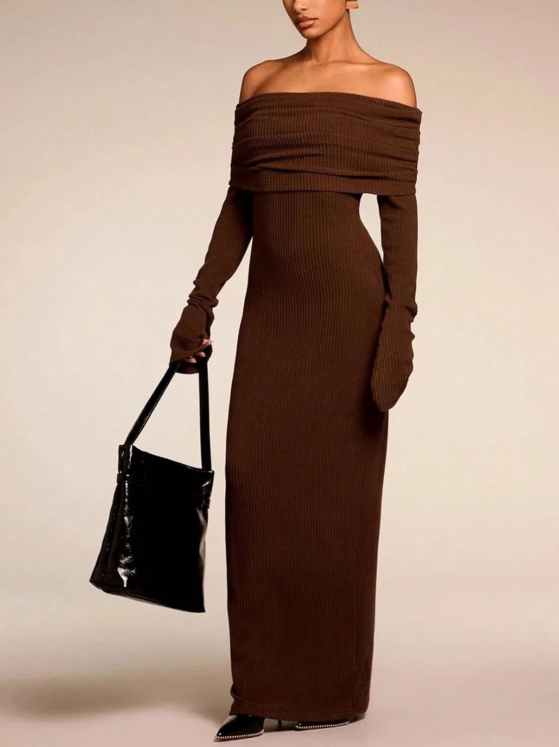 Женское длинное платье облегающее с рукавами Sweater Dresses, Coffee Brown — фото 3