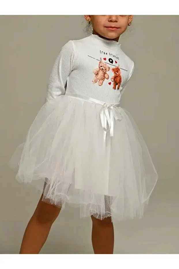 Детское платье для девочек с принтом Cute Bears Printed Tulle Neocotton, Ecru — фото 3