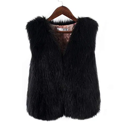 Женский жилет без рукавов с искусственным мехом V Neck Solid Color, Black — фото 2