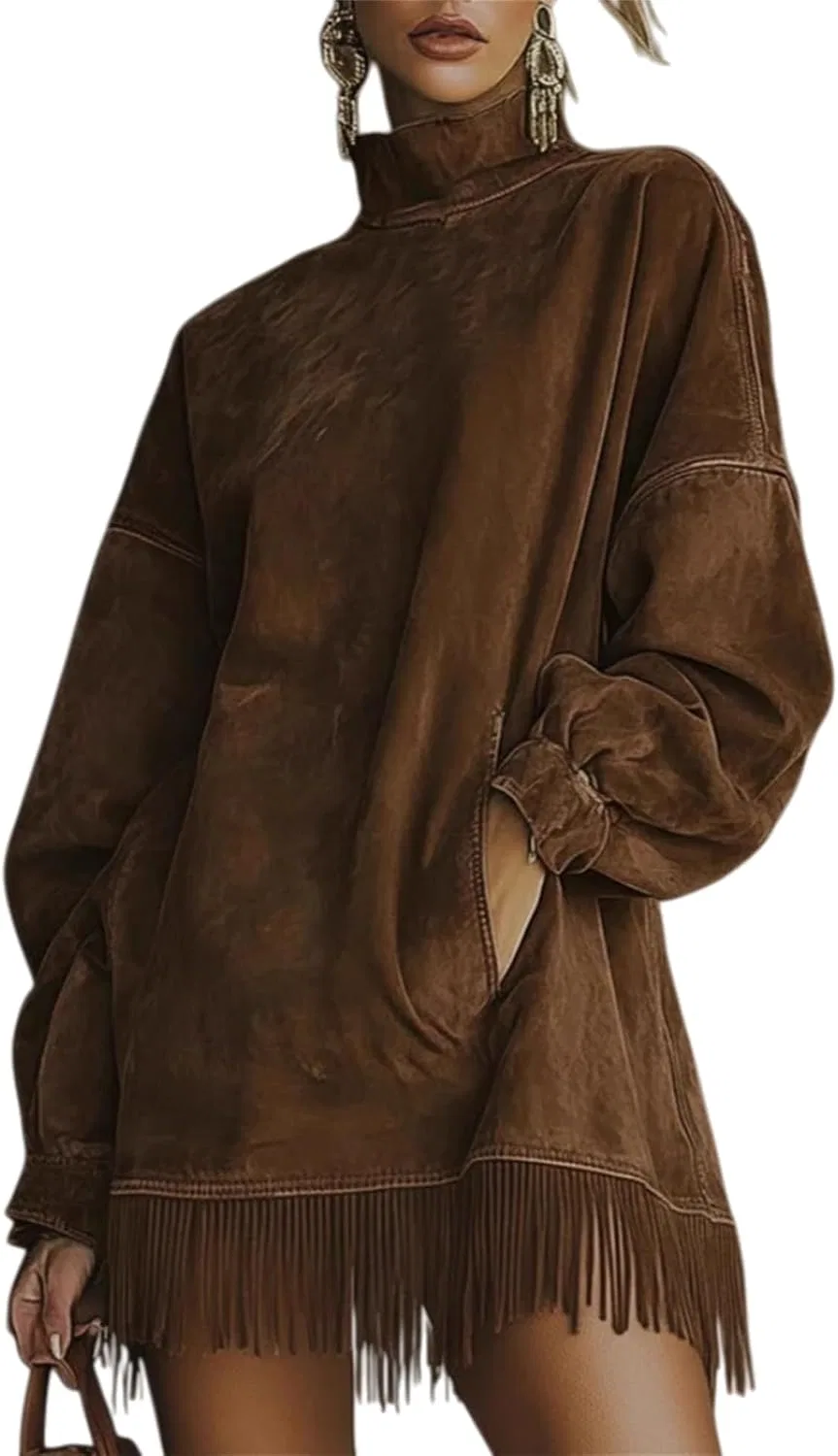 Женское платье-свитшот из футера с бахромой, Faux Suede Turtleneck Dress with Fringe Hem, кофейный