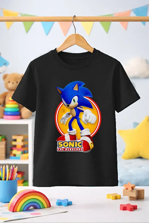 Детская футболка с принтом Hedgehog Sonic Pattern Printed Zeycem Store, Black