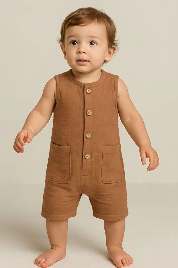 Детский комбинезон для девочек хлопковый Organic Muslin Summer Natural Baby Jumpsuit With Pockets Mai Perla, Cinnamon