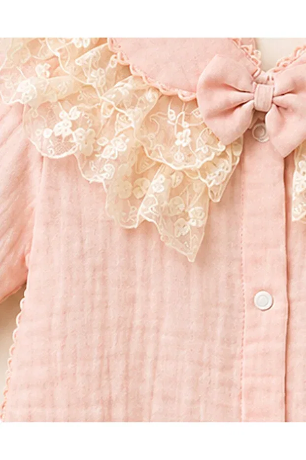 Детский комбинезон для девочек с принтом Bow and lace detailed detachable collar Kardeşler Bebe, Powder — фото 3