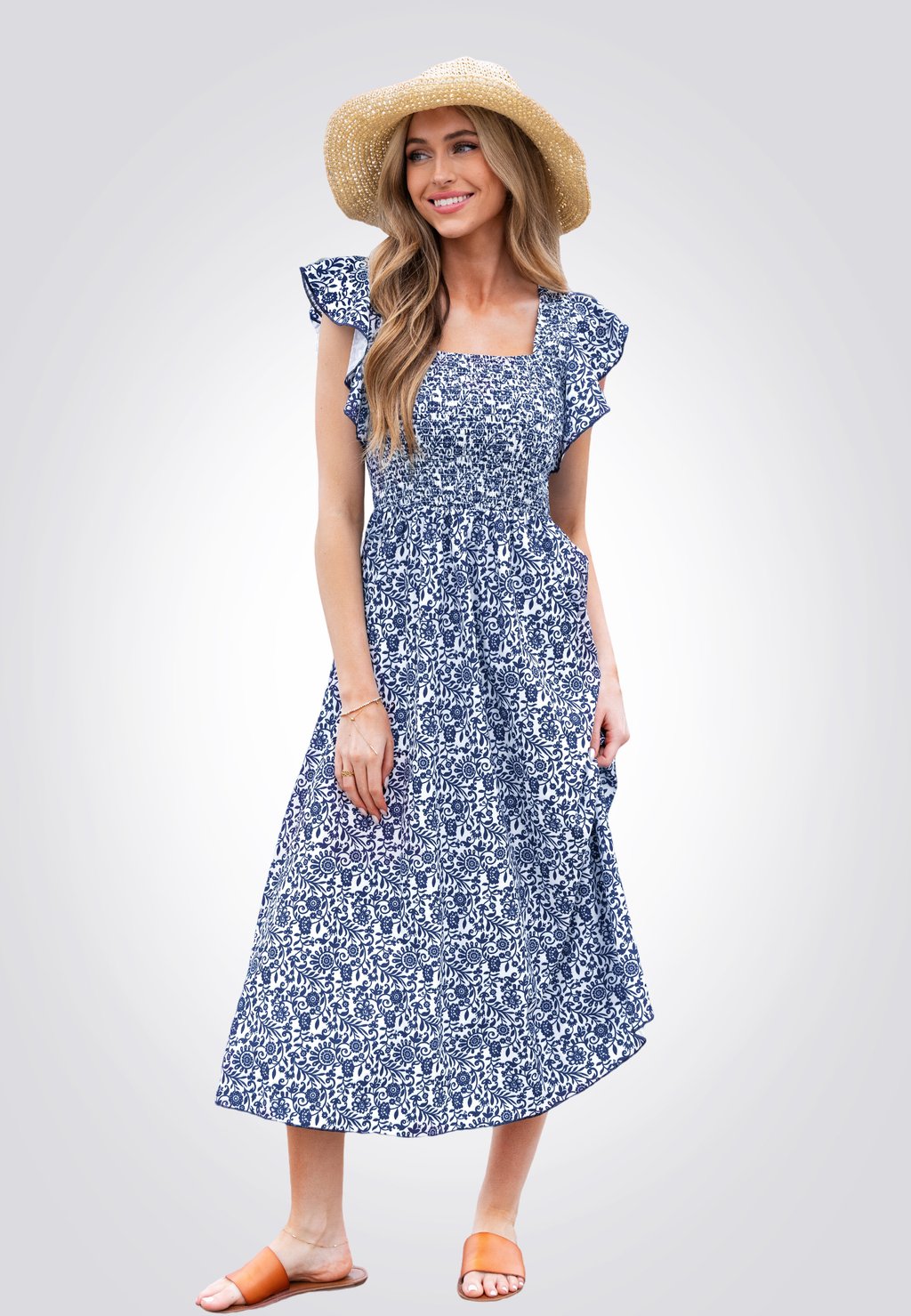 

Повседневное платье FLORAL FLUTTER SLEEVE Cupshe, темно-синий