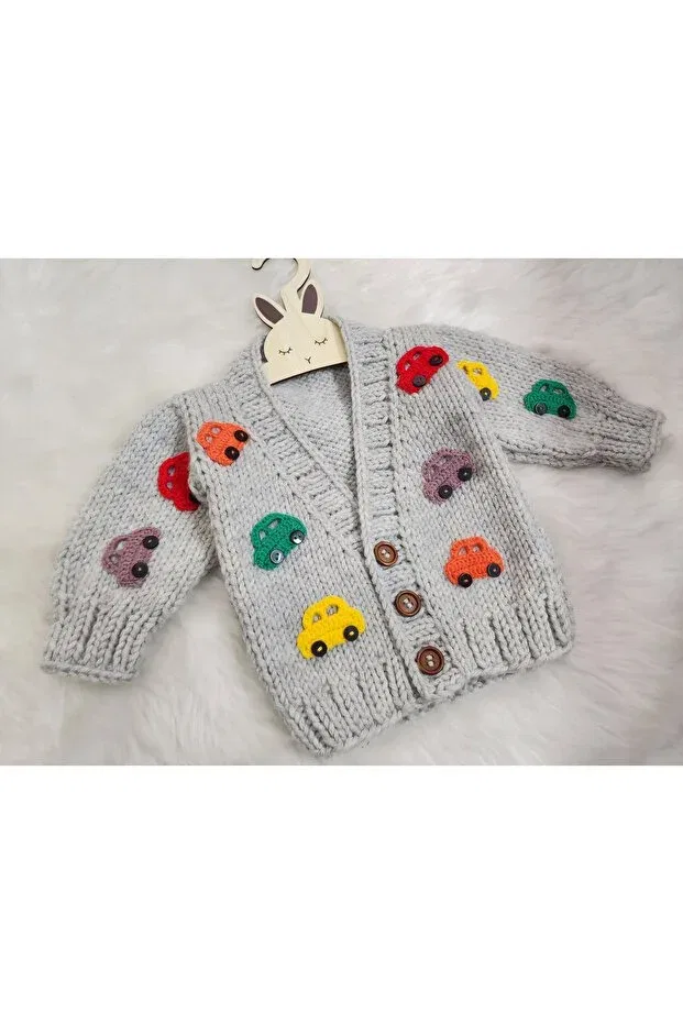 Детский кардиган с длинным рукавом Hand knitted car-themed baby kids cardigan El Örgüsü, Gray — фото 3