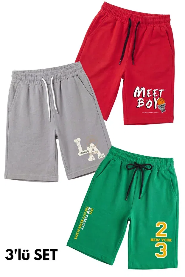 Детские шорты для мальчиков с принтом комплект 3 шт Fyk Kids, Red-Grey-Green