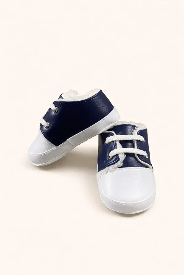 Детские туфли для девочек с кружевной шнуровкой Genuine leather baby shoes, first step shoes, warm baby booties with fur inside Numix Baby Kids, Navy Blue — фото 3