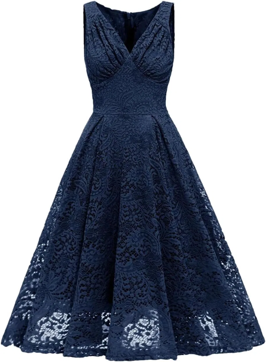 Женское A-силуэта платье с кружевом V-neck Generic, Navy Blue
