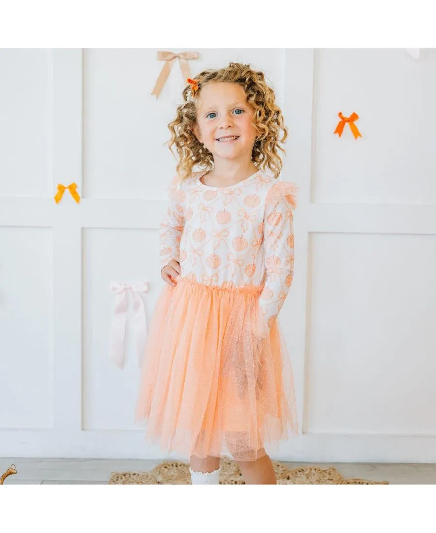 Платье для девочки с принтом и рукавом фонарик, модель Pumpkin Bow Trellis Sweet Wink, Soft Peach — фото 2