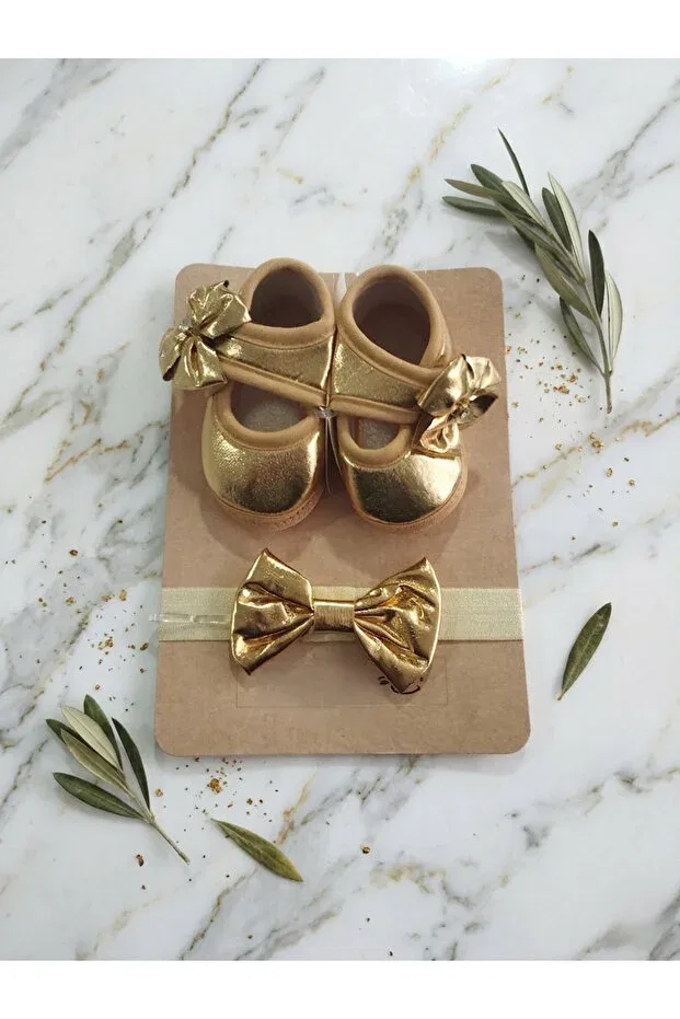 Детские пинетки для девочек с бантом, комплект 2 шт, Bow Newborn Gift Bandana Booties Set Buufuu, Black — фото 2