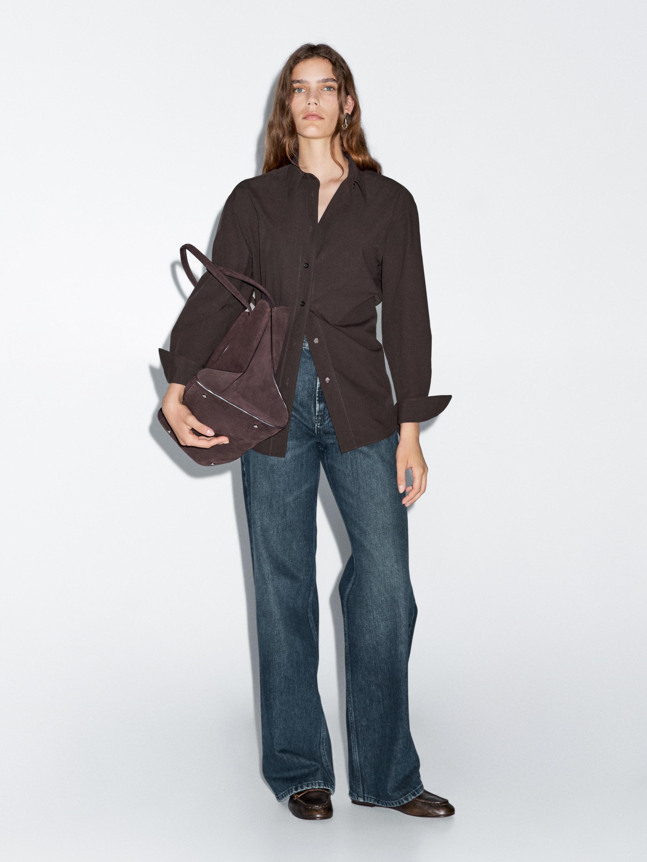 

Длинная рубашка из 100% хлопкового поплина Massimo Dutti, коричневый