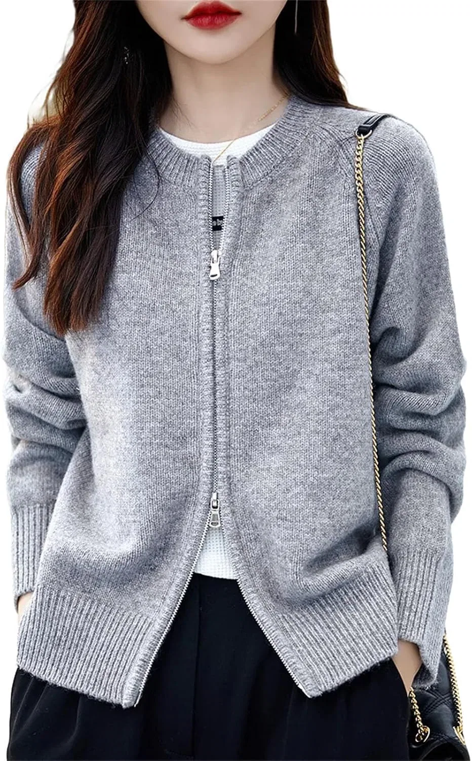 Женский кардиган-свитер на молнии, Merino Wool, с воротником-стойкой, серый