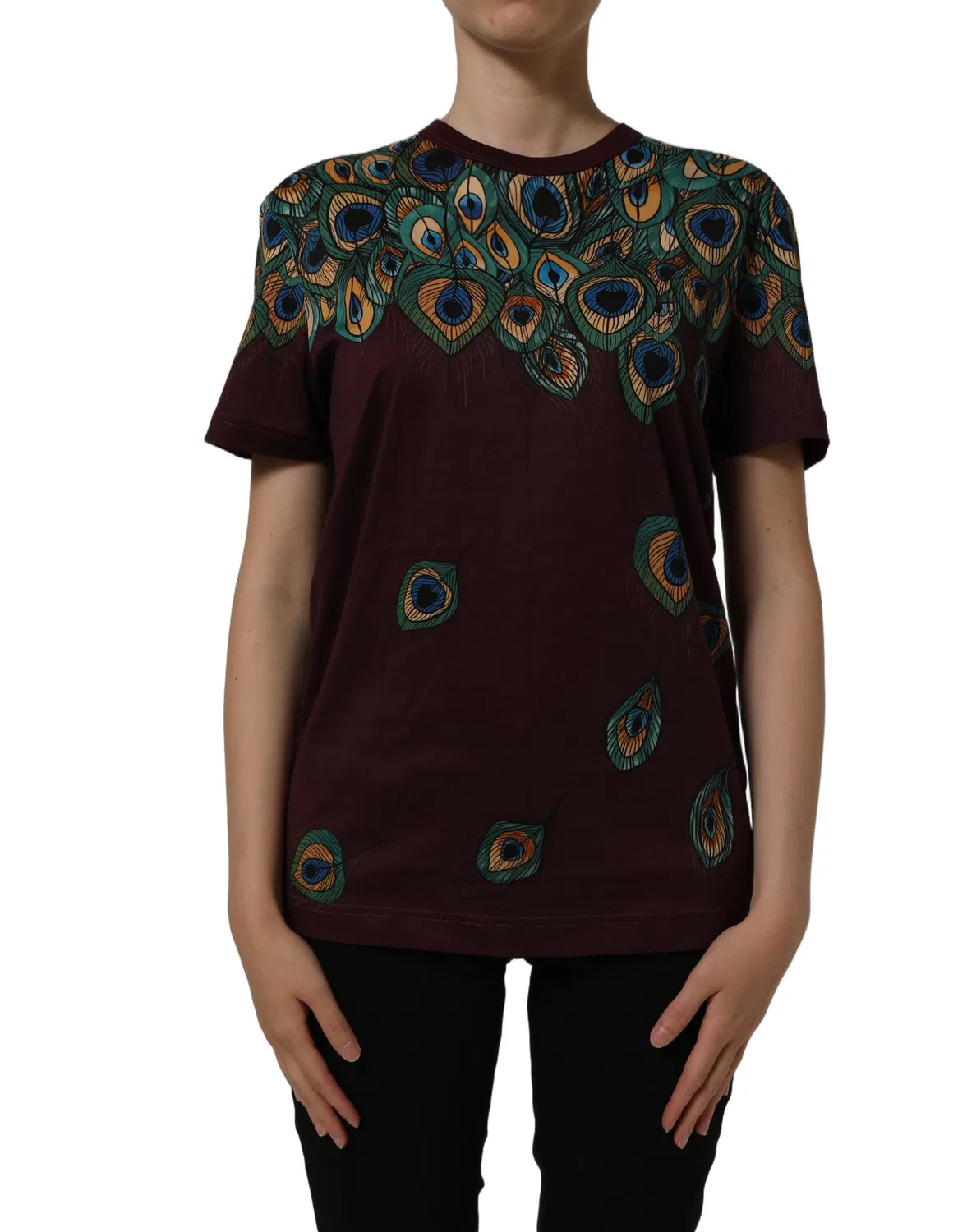 Женская футболка с принтом павлиньих перьев Burgundy Peacock Feather Round Neck Dolce & Gabbana, Burgundy — фото 3