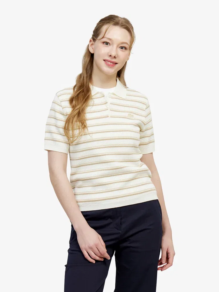 Свитер поло женский LACOSTE Beige, полосатый, из хлопка