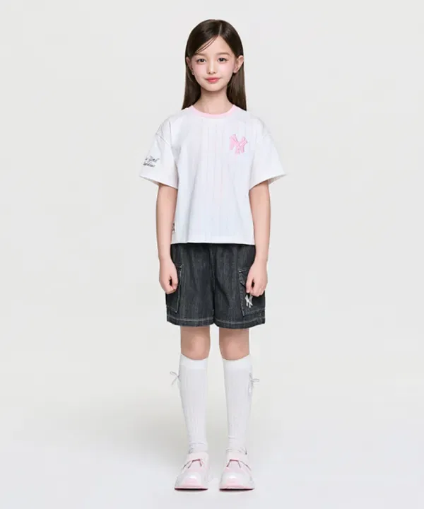 Сет из футболки с джинсовыми шортами, полосатый, Mlb Kids, светло-серый — фото 3