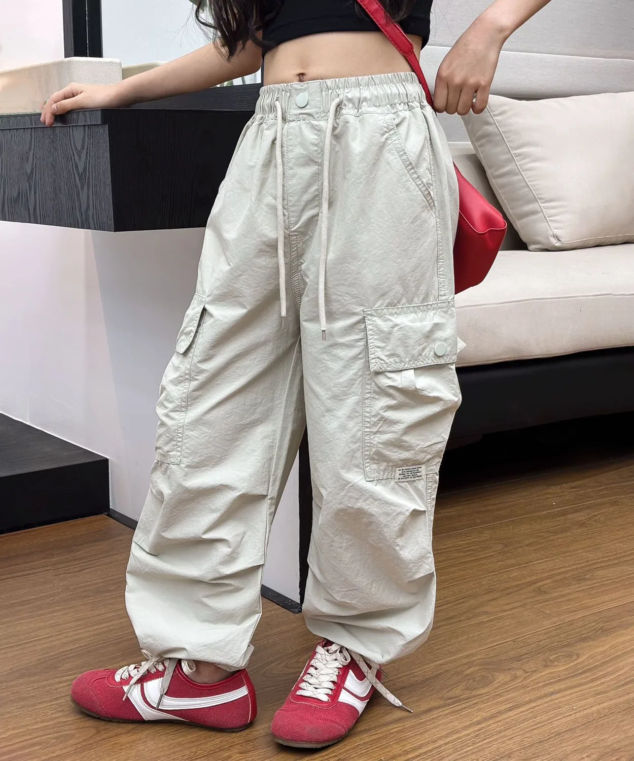 Детские карго-брюки с широким кроем и утяжкой на поясе, модель aimoha, Light Grey
