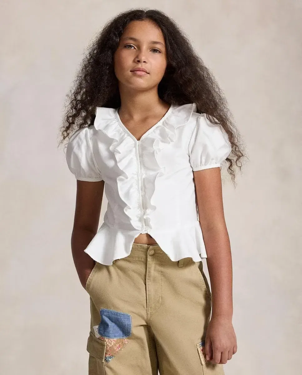 Детская блуза для девочек хлопковая с воланами Polo Ralph Lauren, Blanco — фото 2