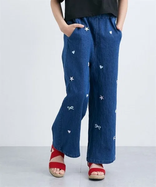 Детские джинсы для девочек с вышивкой, свободный крой QUNTSTYLE, Blue