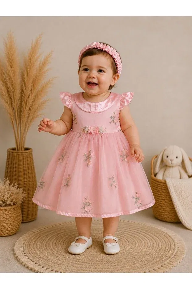 Детское платье из тюля с коротким рукавом Bebekmağazam, Pink