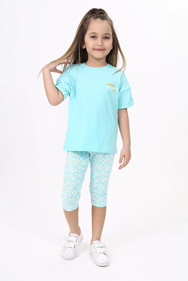 Детский комплект для девочек с принтом Chamomile Printed Capri Suit Toontoy, Mint Green — фото 3