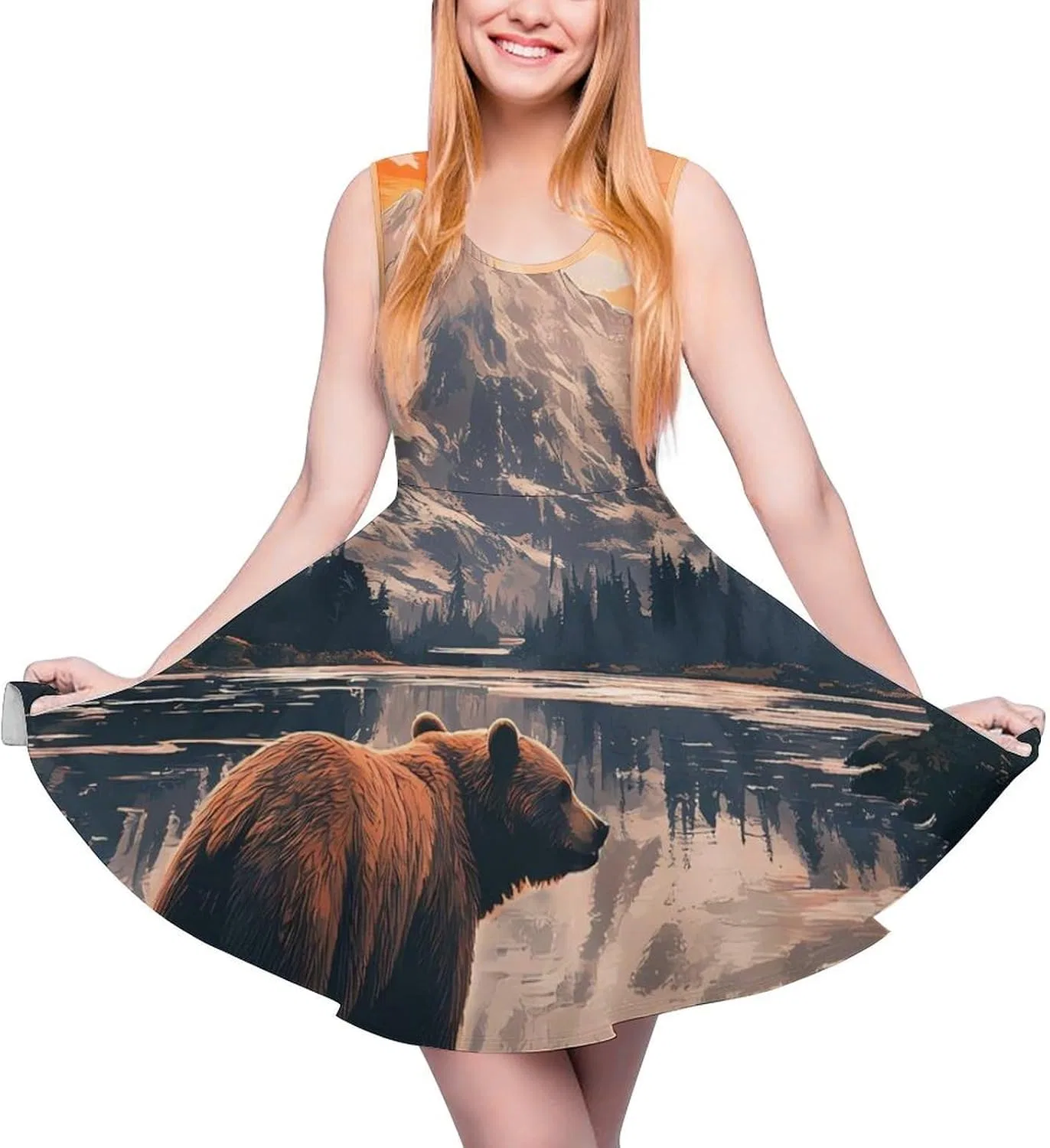 Женское летнее сарафан-трапеция с принтом Bear Snow Mountain Sunset, Style