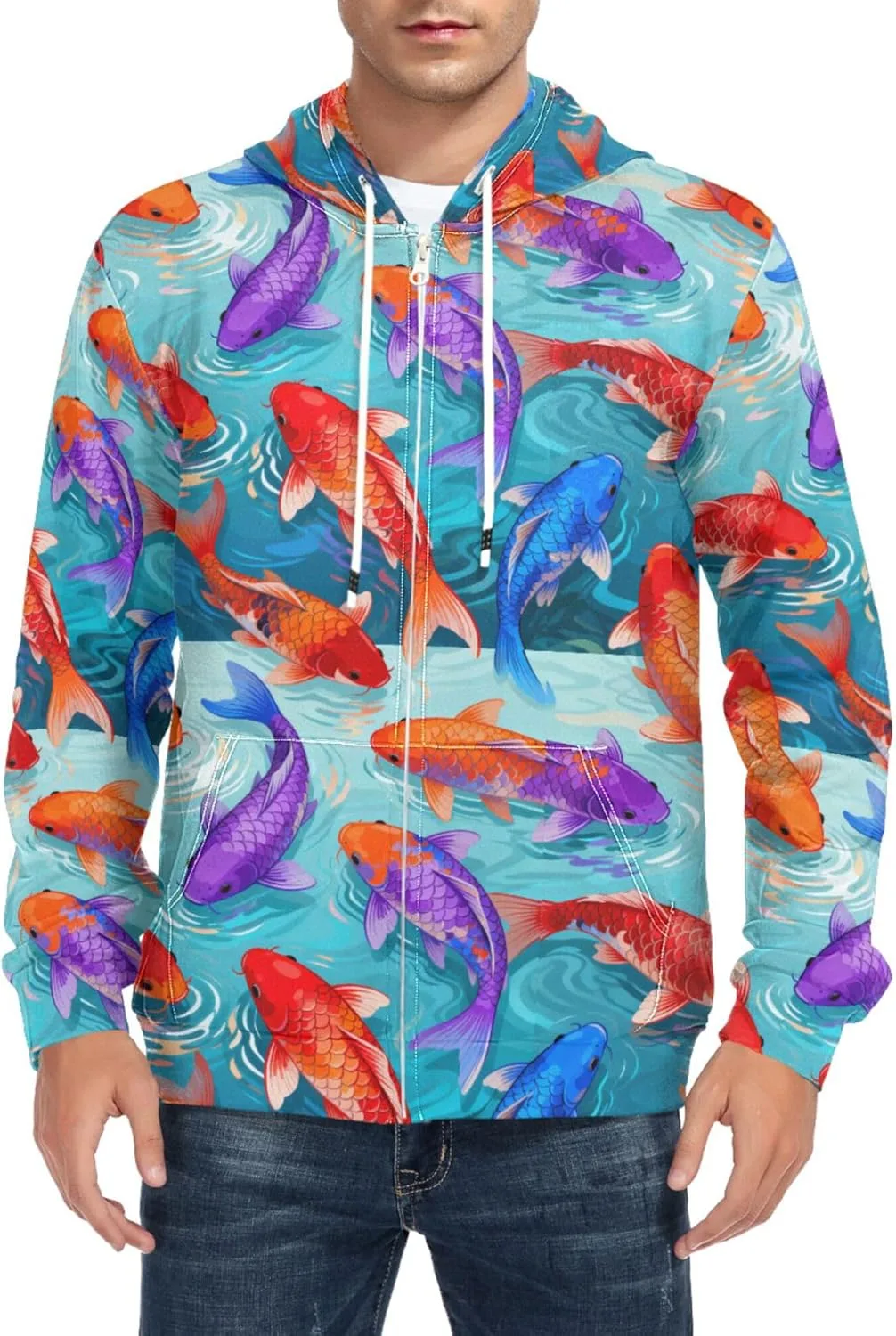 

Мужской худи на молнии с принтом кои и карманом CUPADA