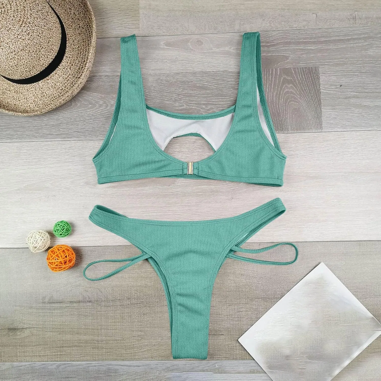 Женский бикини-сет с вырезами Ribbed Back Hook Two Piece, Green — фото 3