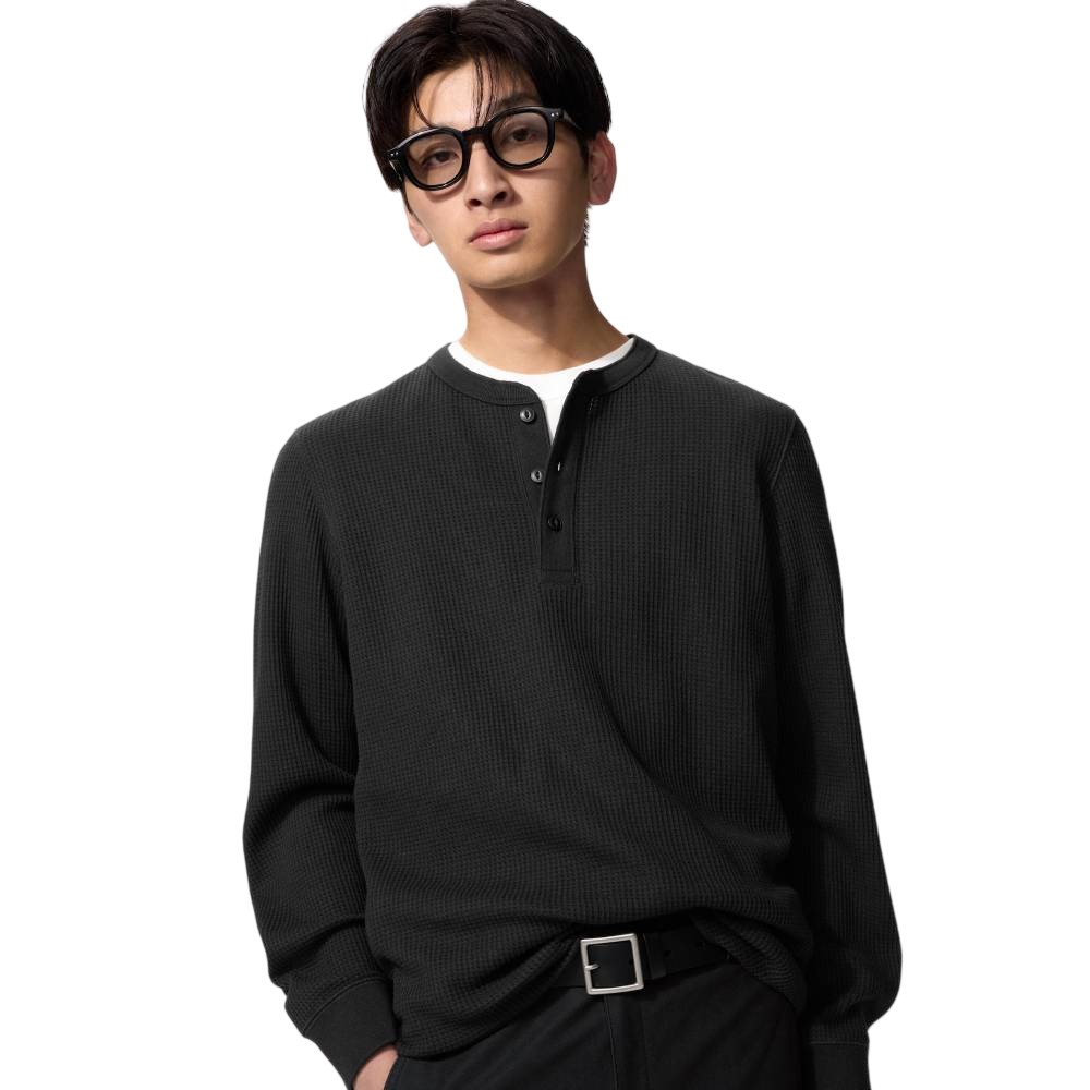 Лонгслив Uniqlo Waffle Henley Neck T-Shirt Unisex, 09 черный