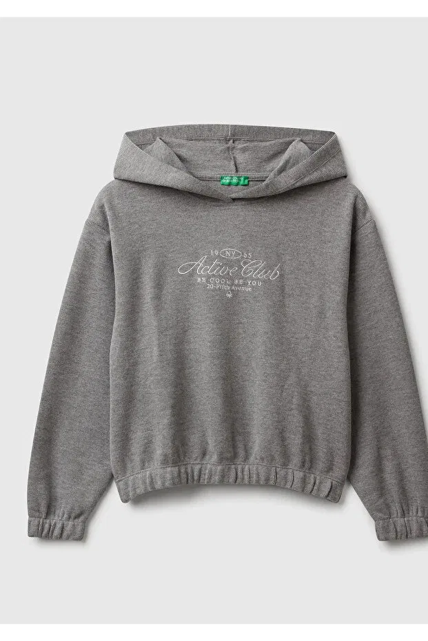 Детские свитшот для девочек с принтом Glitter Embroidered Ribbed United Colors Of Benetton, Anthracite Melange