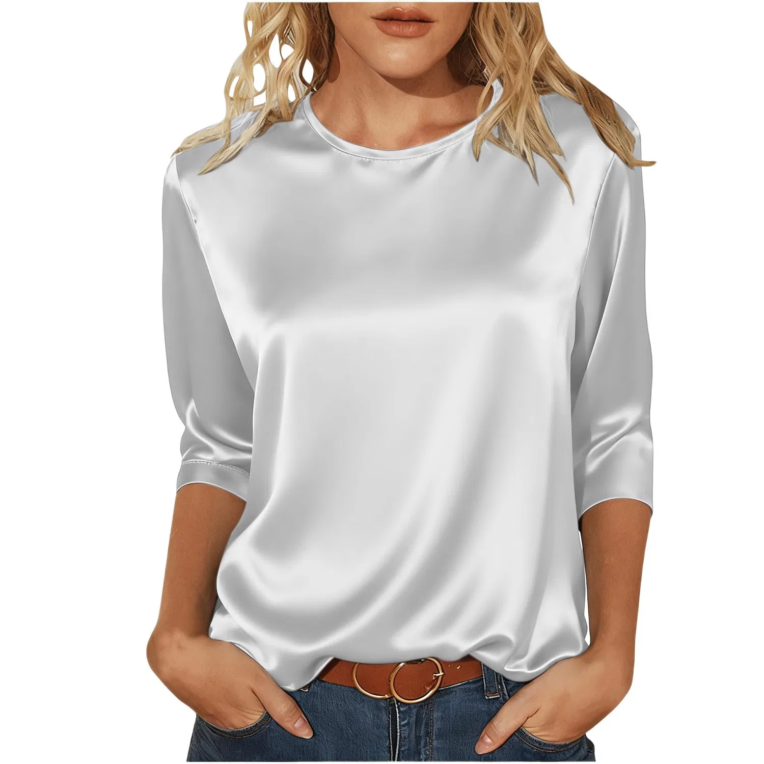 Женская блузка из атласа с длинным рукавом, White