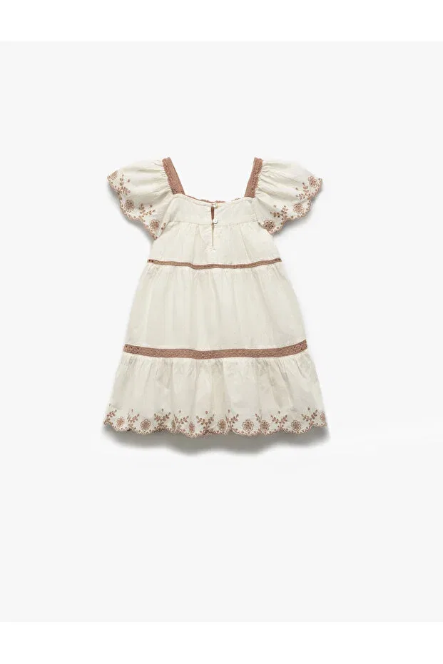 Детское платье для девочек с коротким рукавом Cotton Square Collar Short Sleeve Brode Embroidered Dress Koton, Ecru — фото 2