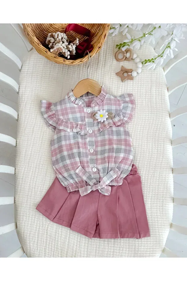 Детский комплект для девочек с принтом Summer baby girl outfit with gingham shirt and skirt-like shorts Hümabebe, Dried Rose