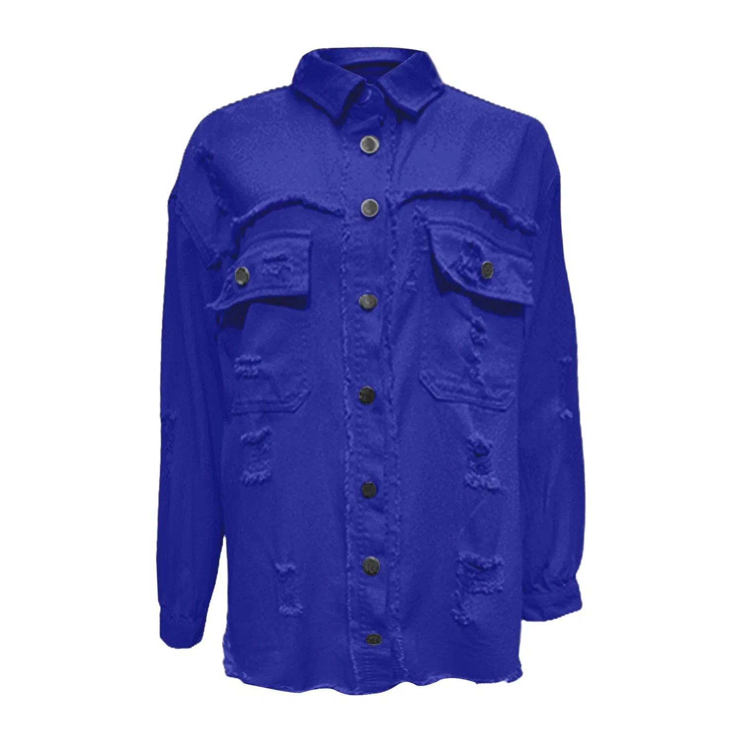 Женская джинсовая куртка с принтом, модель Giacche di jeans da donna alla moda colletto con risvolto button down cappotti in denim invecchiato strappato cowboy abito western manica lunga camicia chambray giacche leggere orlo sfrangiato Jean, Blu — фото 3