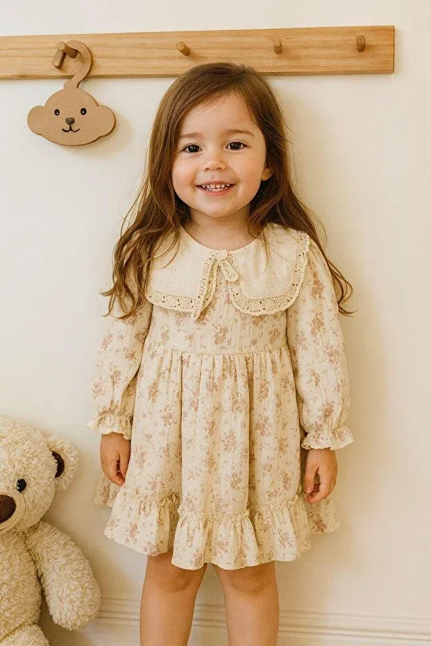 Детское платье для девочек с принтом Floral Long Sleeve Muslin Dress Luna Kids Store, Nude Color