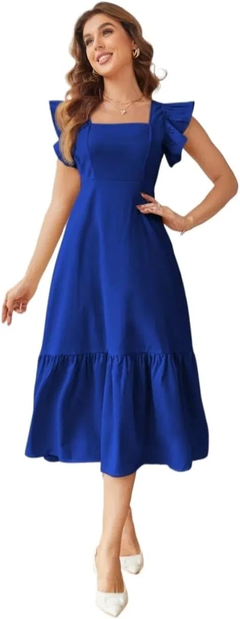 Женское A-силуэта платье миди с узлом и воланами Royal Blue — фото 4