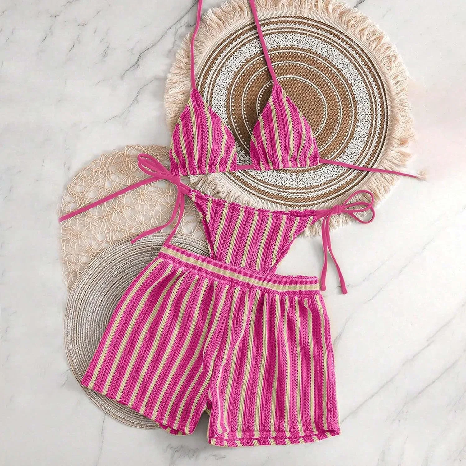 Женский купальный костюм с вязаным топом и шортами, Hot Pink — фото 3