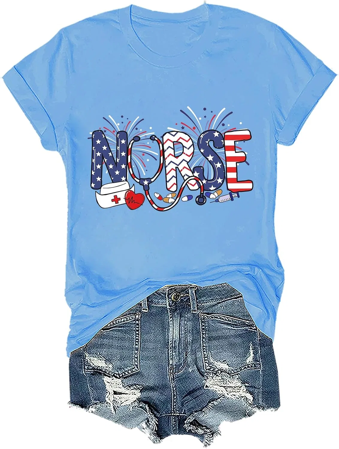 Мужская футболка с принтом Nurse 4th of July, Carolina Blue-1