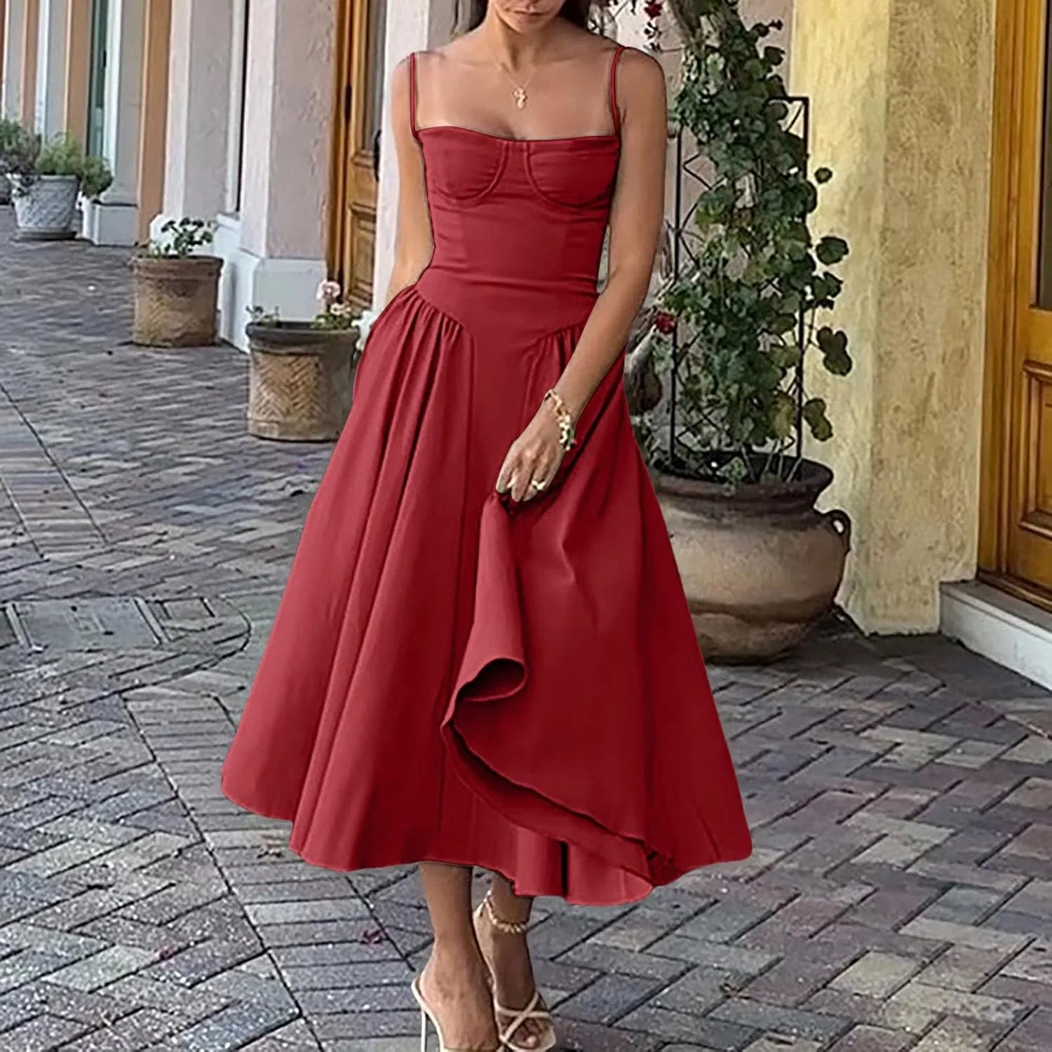 Женское летнее платье-комбинация с цветочным принтом Casual Sun Dresses, Red — фото 2