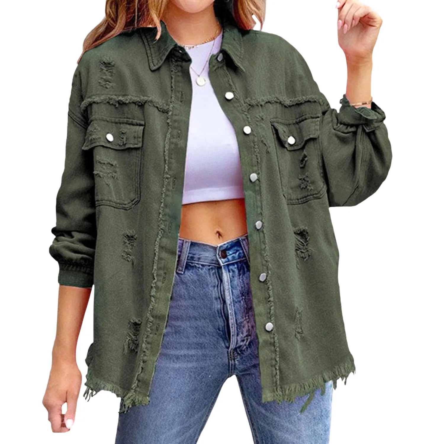 Женская джинсовая куртка oversize с бахромой, Verde militare