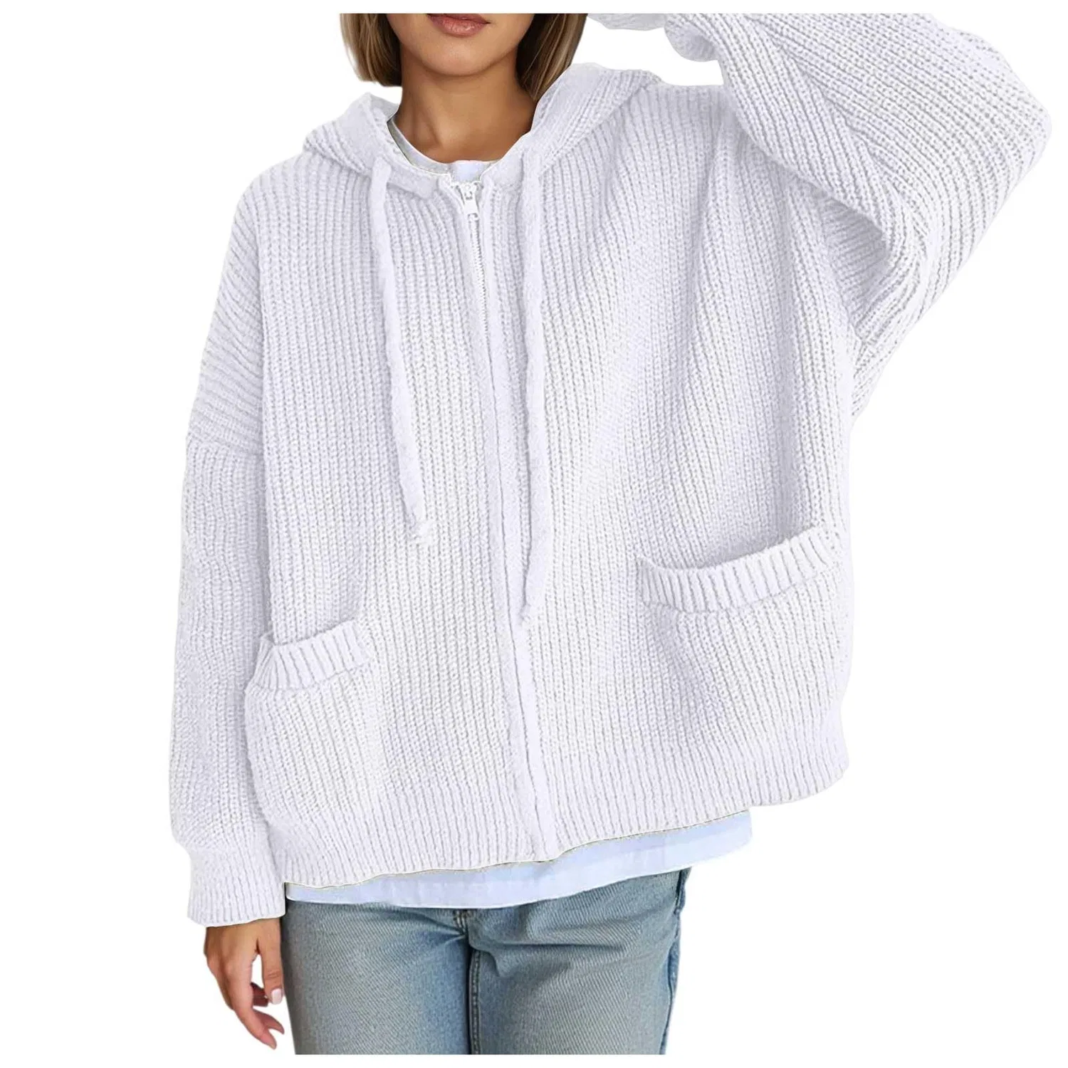 Женское вязаное пальто-кардиган оверсайз с капюшоном, White