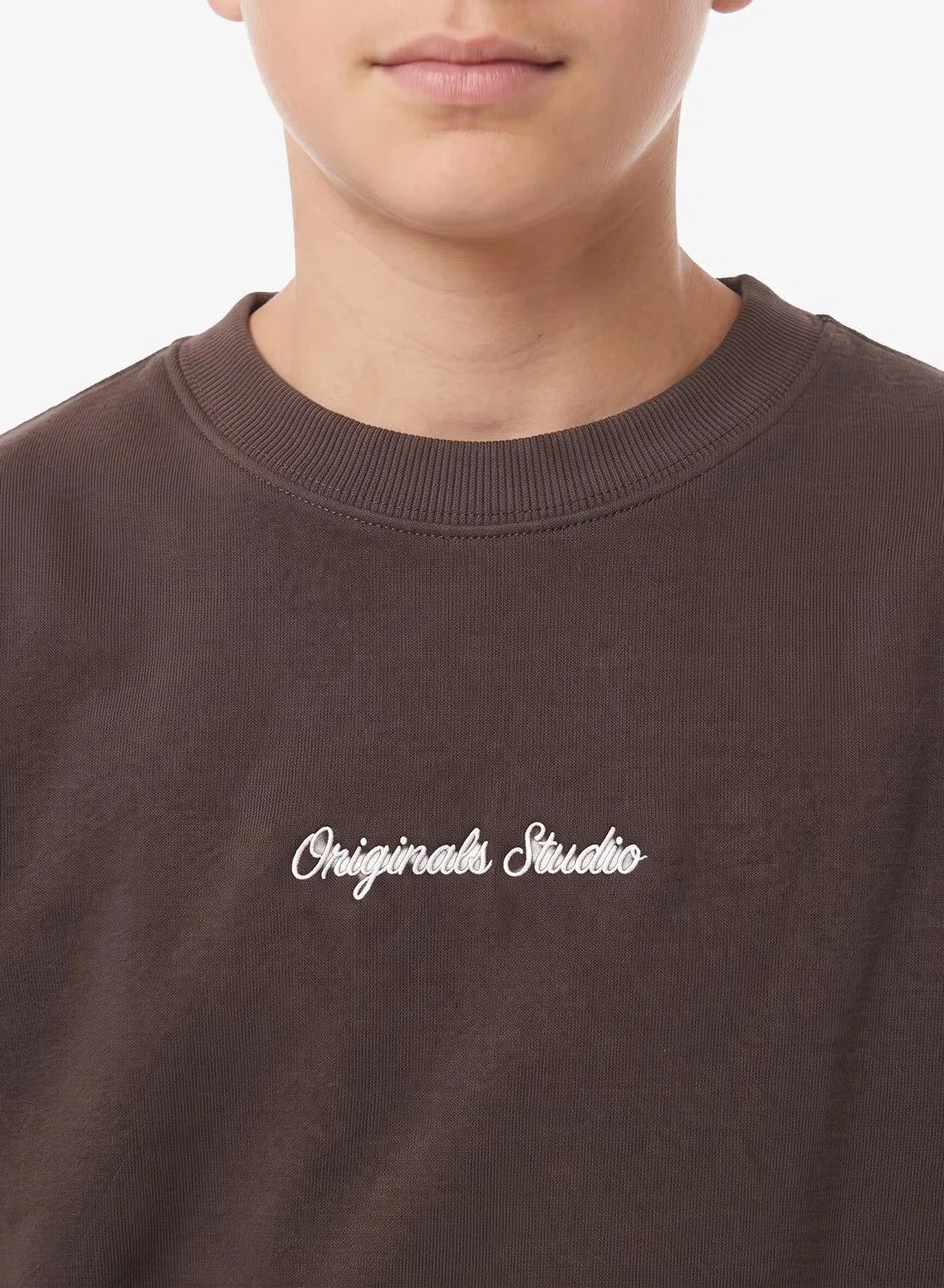 Свитшот с вышивкой на груди Jack & Jones Junior, коричневый — фото 3