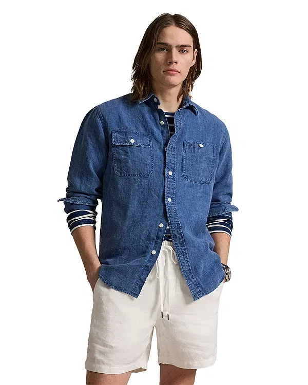 Мужская рубашка из льна с длинным рукавом Polo Ralph Lauren, синий