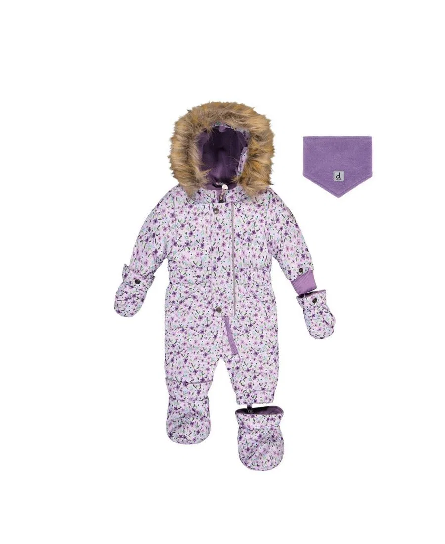 Комбинезон зимний с капюшоном и варежками, с принтом Deux par Deux, Purple Printed Mini Flowers