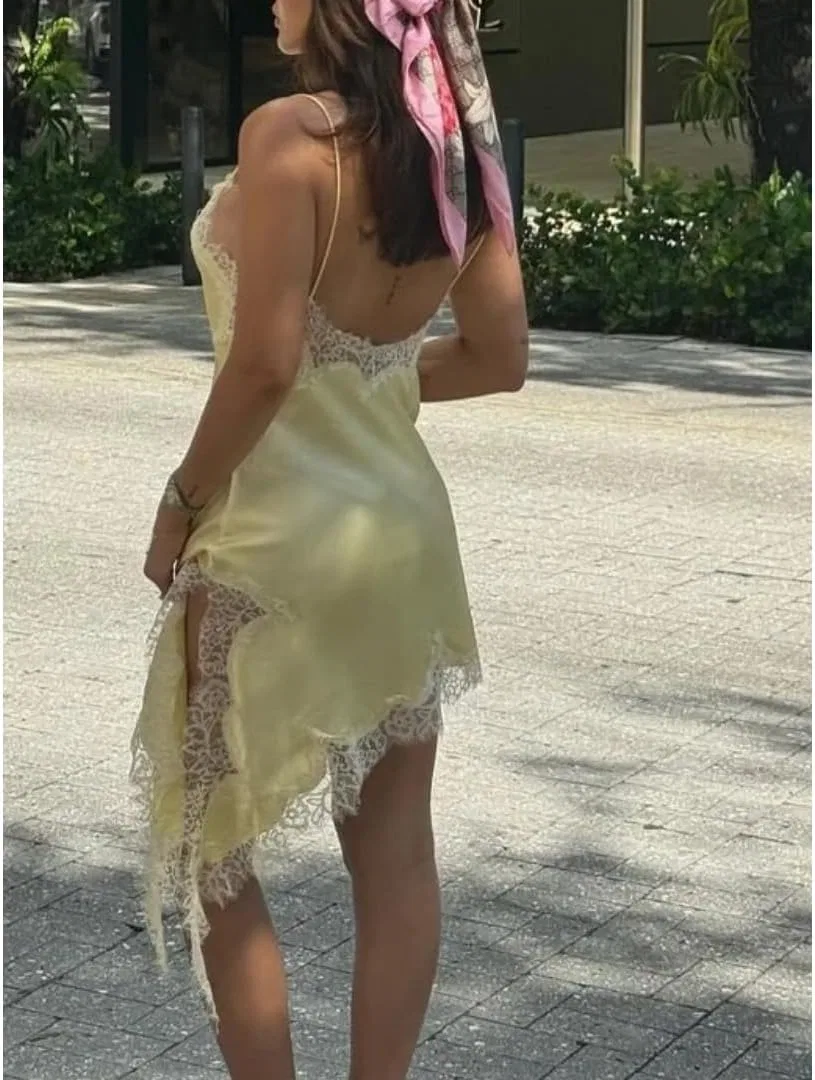 Женское секси платье-комбинация асимметричное Satin Lace, Yellow — фото 3