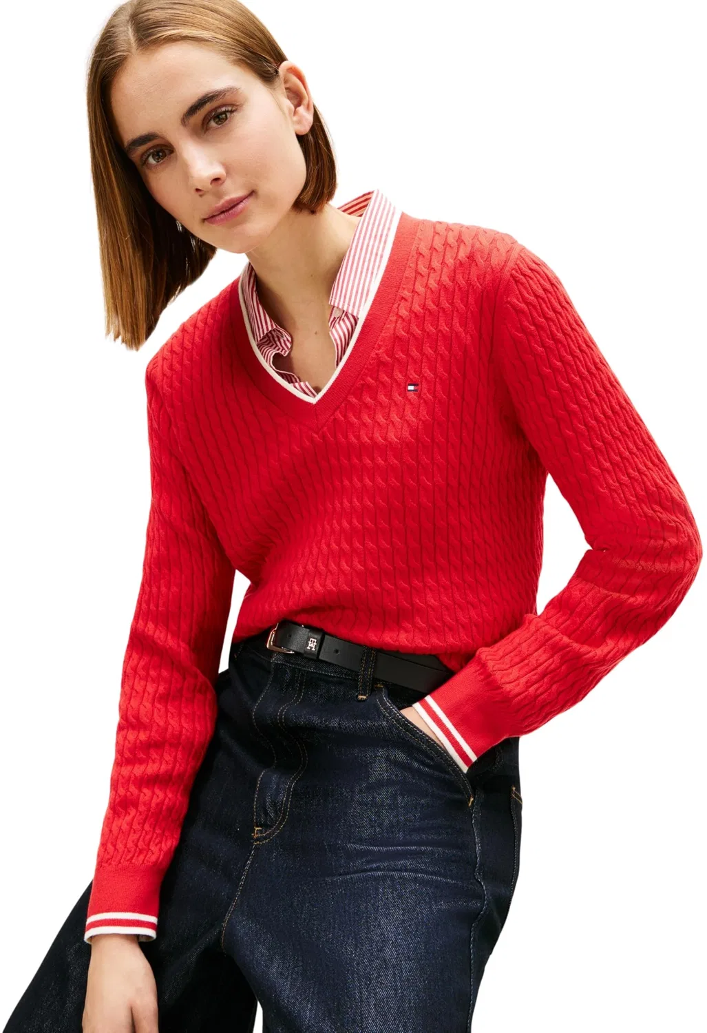 Женский пуловер с V-образным вырезом Co Cable Fine GG Tommy Hilfiger, Red (Primary Red/Calico Tipping) — фото 3