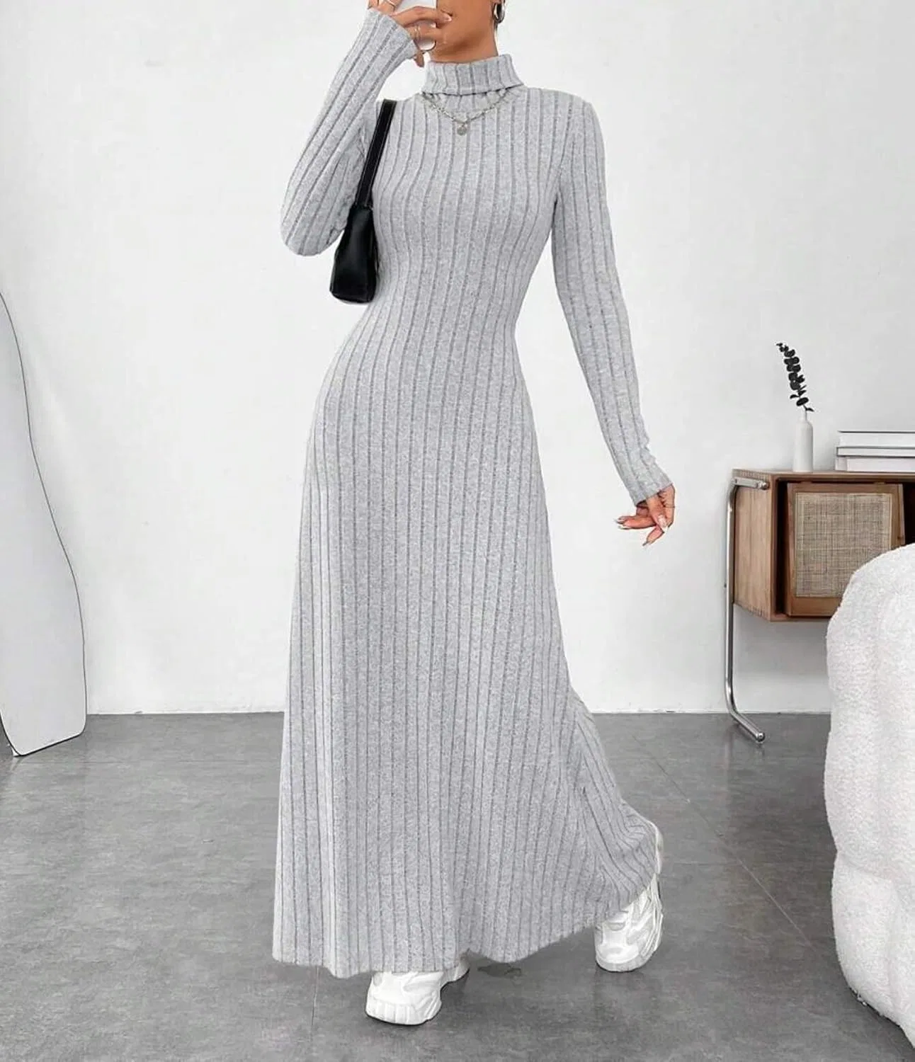 Женское платье с высоким воротником и запахом, Light Gray — фото 2